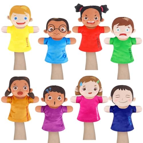 Gemscream 8 Pcs Feelings Hand Puppets with 8 Emotions Soft Plush Multicultural Puppets Ventriloquist Emotion Dolls for Social Emotional Learning Activities Theater Shows Teachers Classroom Supplies