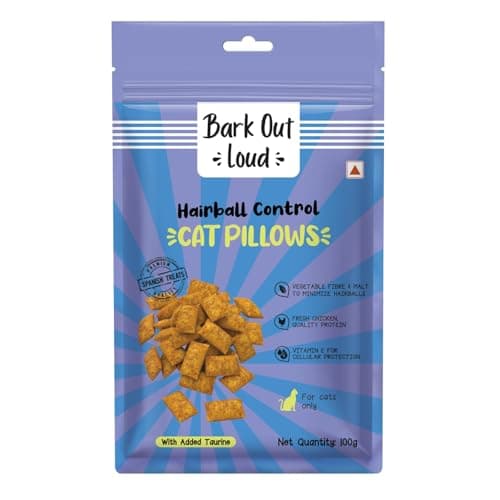 Bark Out Loud Cat Pillow Treats | Hairball Control Cat Treats with Taurine & Vitamin E | Tasty & Healthy Cat Snacks for Adult Cats 100gm