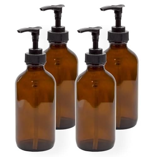 Cornucopia Brands 8oz Glass Pump Bottles (Pack of 4, Amber Brown) Lotion Soap Dispensers w/Black Plastic Pumps