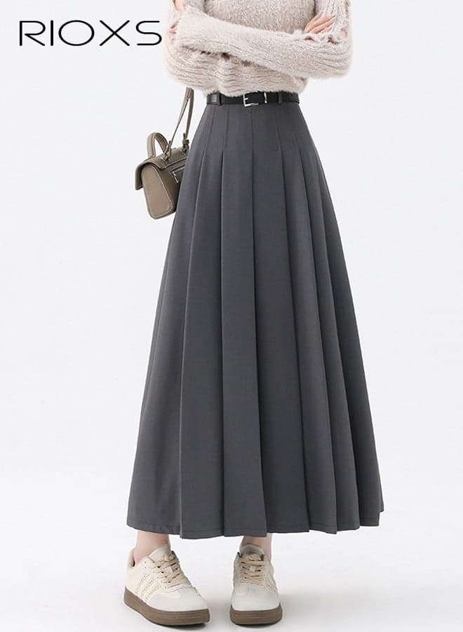 Women's Pleated A-line Maxi Skirt, Fall High Waisted Ankle Length Pleated Tennis Skirts with Belt, Casual Long Suit Skirt for Office Business Dating, Grey