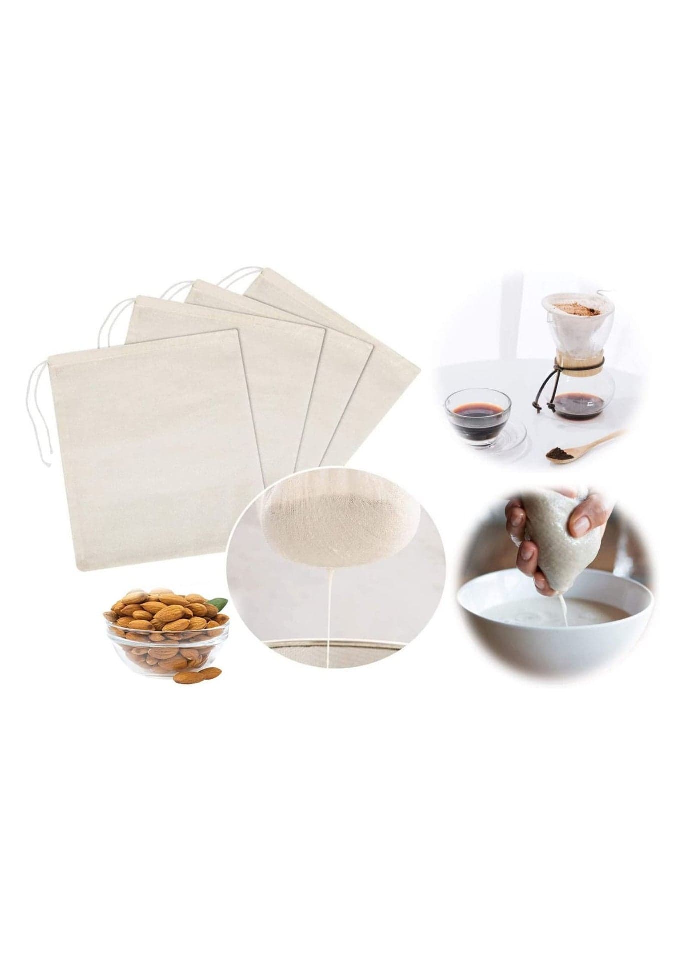 Nut Milk Bag, 4 Pcs Cheesecloth Unbleached Cotton Fabric Cooking Twine, Washable and Reusable Strainer for Cheesemaking, Food Filter/Strainer, 25 x 30 cm
