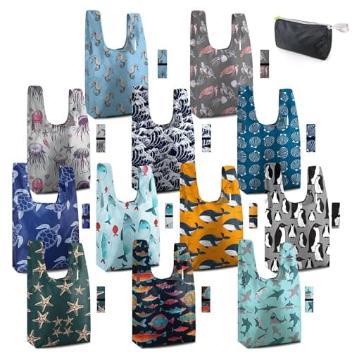 BeeGreen Marine Animal Reusable Grocery Bags Bulk Gifts 12-Pack - Large Tote with Zipper Pouch | Foldable & Washable Polyester Shopping Bags Heavy Duty Animal Lover Gifts Reusable Bag With Handles