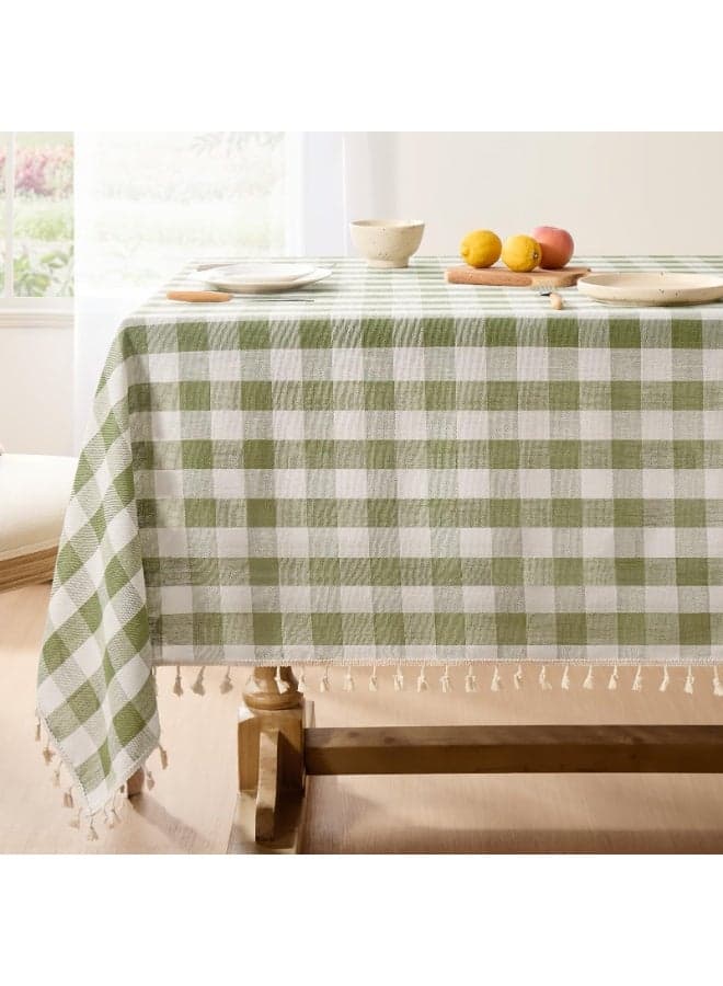 Spring Checkered Tablecloth, Heavy Weight Linen Cotton Gingham Boho Table Cloth with Tassel, Wrinkle Free Buffalo Plaid Table Cover for Dining, Party and Outdoor, 55 x 70 Inch, Sage