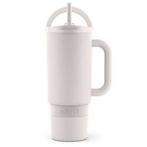 Ello Port 30oz Tumbler with Carry Loop & Integrated Handle | Vacuum Insulated Stainless Steel Reusable Water Bottle Travel Mug | Leak Proof Lid | Flexible Straw | BPA-Free | Dishwasher Safe | Cream