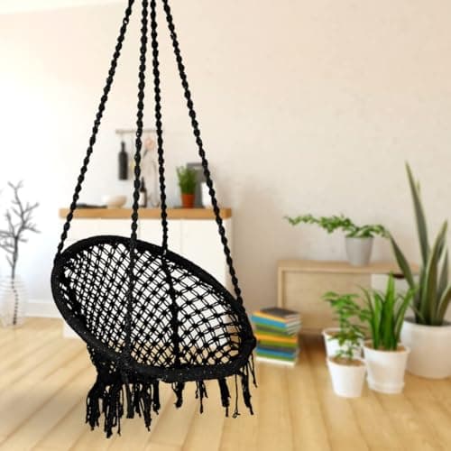 Curio Centre Make in India Cotton Round Swing Chair for Adults|Comfortable Hammock Swing for Indoor, Outdoor & Balcony Use| Without Accessories (Black, 145 x 67 x 45 cm, 100 kg Capacity)