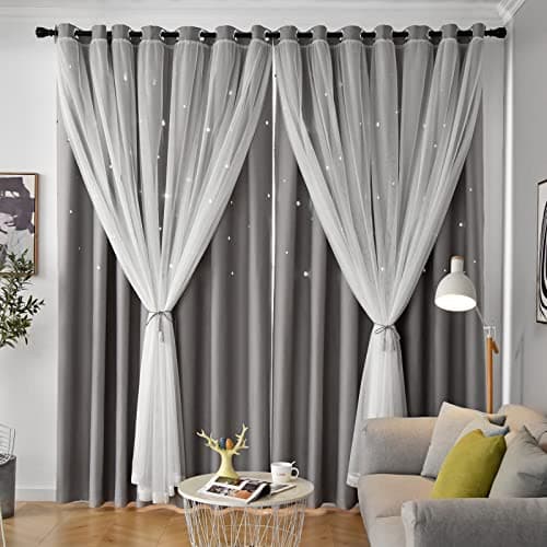 Loyala Star Curtains Double Layer Curtains Blackout Curtains for Bedroom Kids Curtains Cute Curtains, Curtains 63 Inches Long 2 Panels Set, Grey Curtains, 42 X 63 Inches