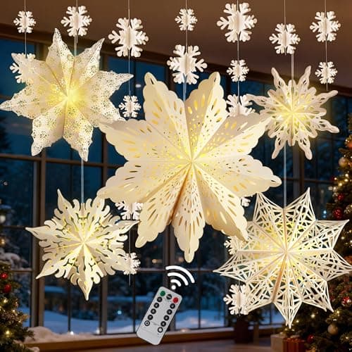 5Pcs Christmas Paper Snowflake Lanterns Large Christmas Paper Star Lanterns with Lights Banner White Hanging Snowflake Lamps for Xmas Winter Frozen Weddings Birthday Holiday Party Decorations
