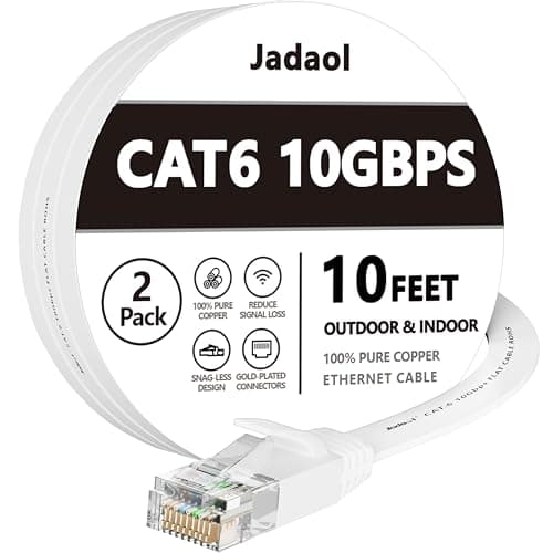 Jadaol Cat 6 Ethernet Cable 10ft 2Pack, Outdoor&Indoor, Flat High Speed 10Gbps Patch LAN Cord, Support Cat8/7 Network, Short Ethernet Cable for Router, Modem, Switch, PC, Laptop, Gaming Console, White