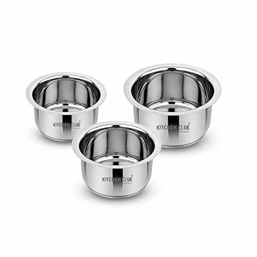 KITCHEN CLUE Stainless Steel Cookware Tope Set with Thick Sandwich Aluminium Bottom (3.5 MM), 1200_1600_2000 ML I Induction & Gastove Base Compatible I Ideal for Boiling Water, Milk, Cooking Rice