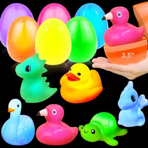 6 Pack 35 Large Easter Eggs Filled with Light Up Animal Floating Bath Toys Plastic Easter Eggs with Dinosaur Duck Toys Inside for Kids Toddlers Easter Basket Stuffers Fillers Gift Party Favors
