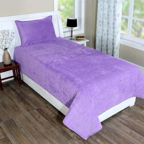 RD TREND 190 GSM Flannel Warm bedsheets for Winter Single Flat Size (60x90 Inches) with 1 Pillow Cover Size (18x28 Inches) Color- Lavender Pattern-Striped