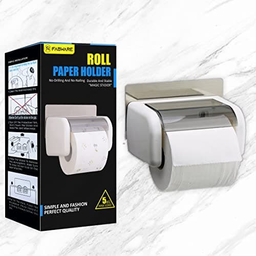 Toilet Paper Holder for Bathroom | Self Adhesive Wall Mount Tissue Roll Holder with Cover ABS Plastic | No Drill | Bathroom Organizer Space Saving Durable Toilet Roll Stand