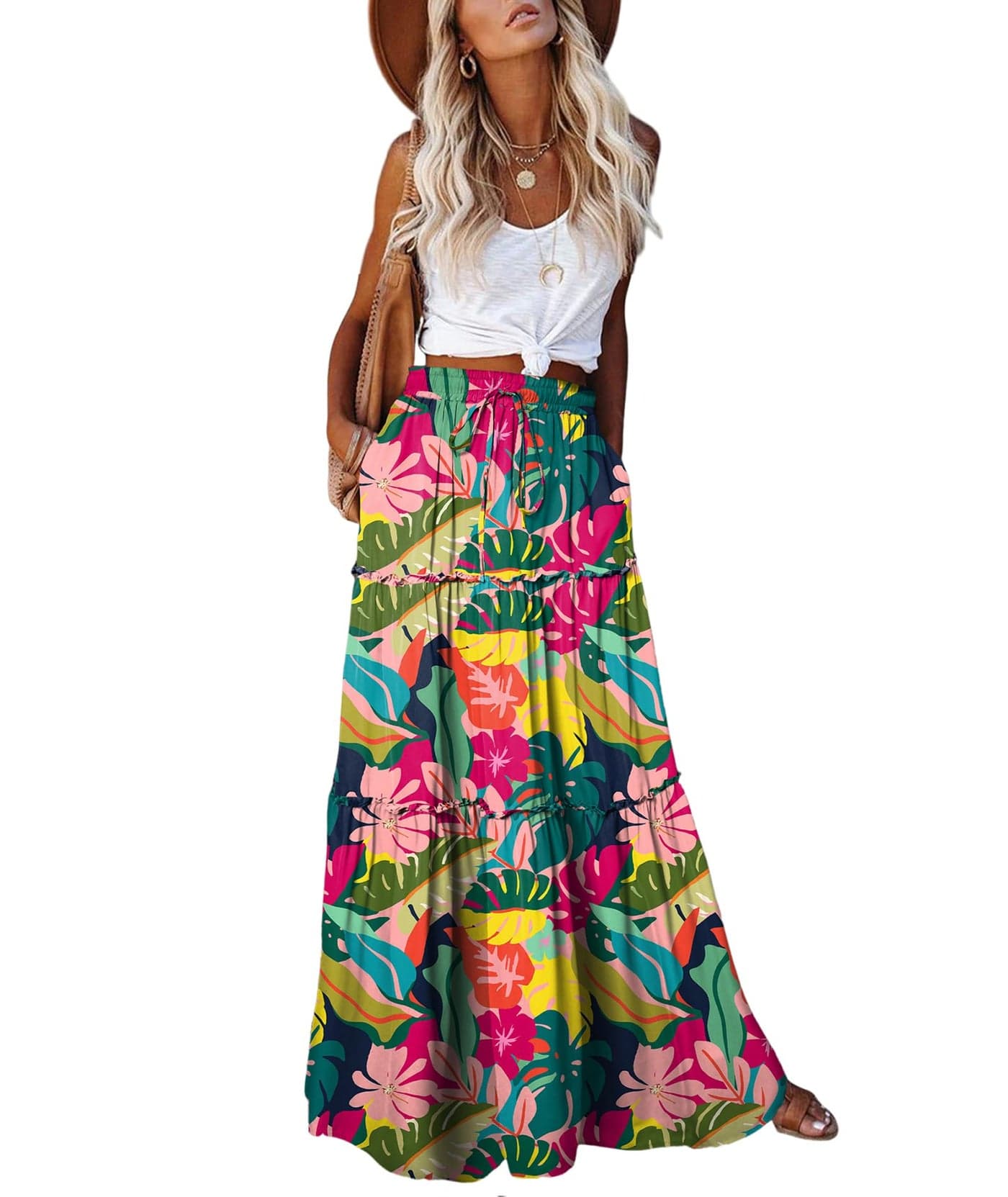 EARKOHA Womens Casual High Waist Tie Paisley Print Long Maxi Skirt with Pockets Tropical Leaves L