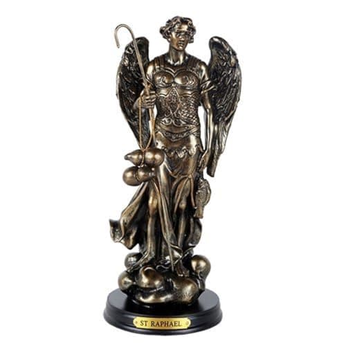 Pacific Giftware Archangel St Raphael with Staff and Healing Oil Patron Saint of Travellers and Medical Workers Black Base with Brass Name Plate BronzeFinished Religious Figurine 825 H