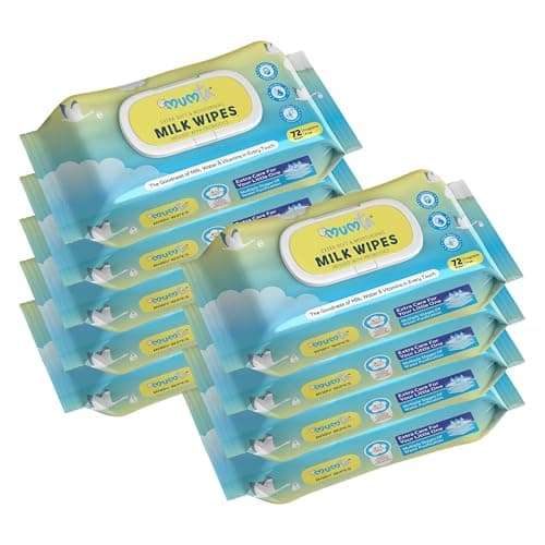 MUMta Milk baby wipes | With 99% Pure Water, Milk and Probiotics- 648 wipes| Plant Based Fabric for Sensitive Skin| Prevents irritation & rashes.(72 Each, Pack of 9)