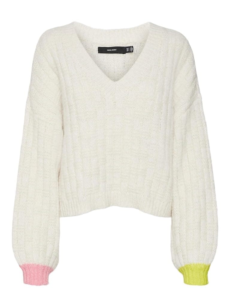 VERO MODA Women Self Design Polyester Blend Regular Fit Short Length Off-White Sweater