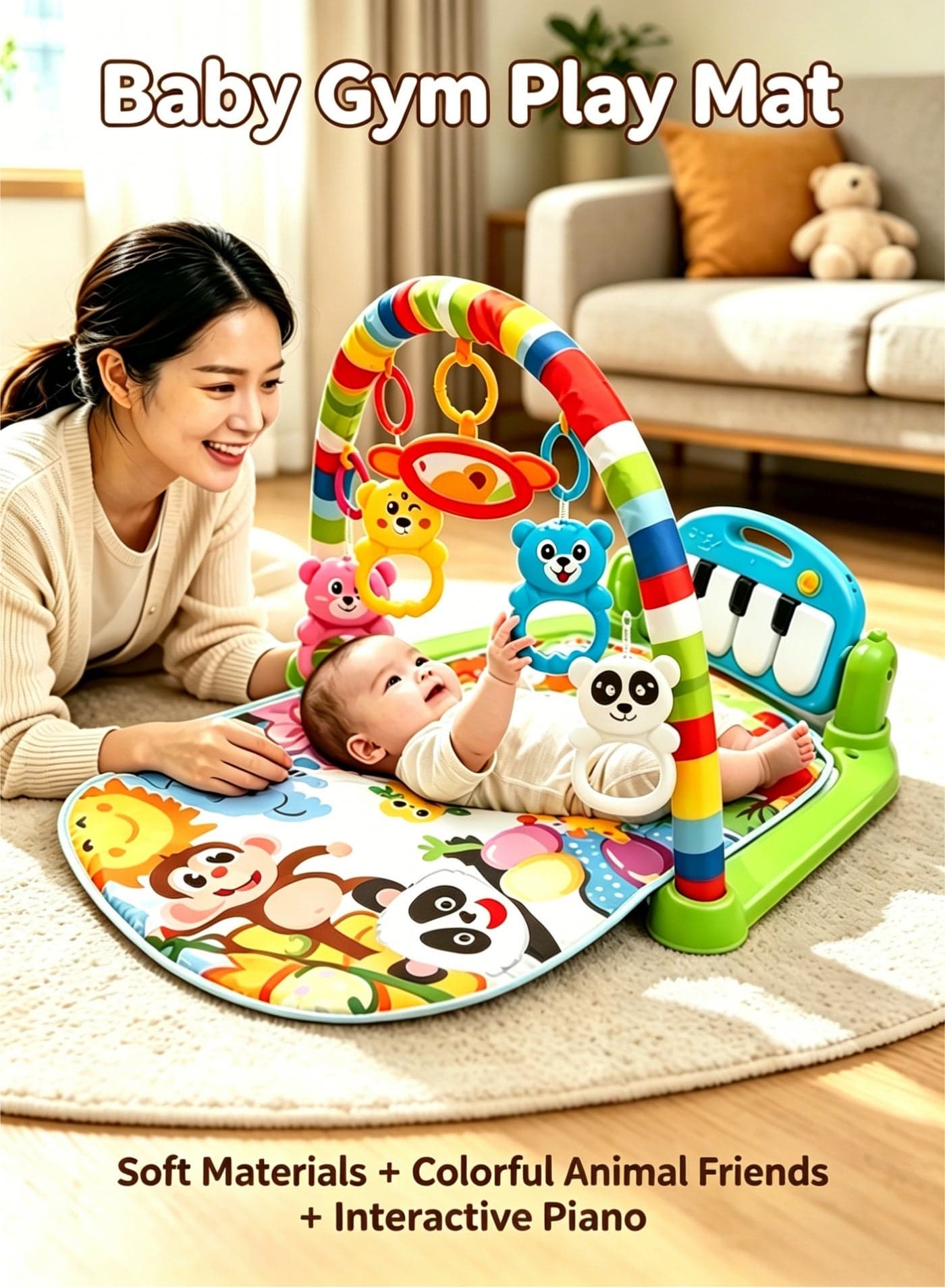 Baby Gym Play Mat with Interactive Piano & Colorful Hanging Toys, Soft Padded Activity Gym Mat for Newborns to Toddlers, Developmental Fitness Mat for Sensory & Motor Skill Growth, Safe Non-Toxic Baby Play Mat with Animal Friends
