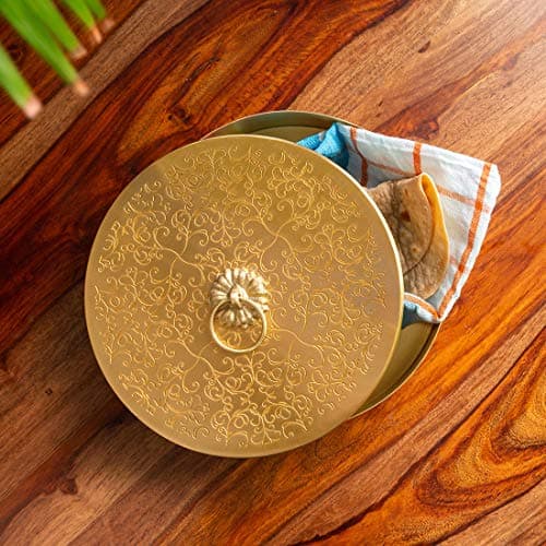 ExclusiveLane Brass Chapati Box Indian for Storing Flatbread 80 Inch 473 oz Tortilla Warmer Holder Bread Container Roti Box Casserole Indian Style Handcrafted Brass Tortilla Warmer with Lid