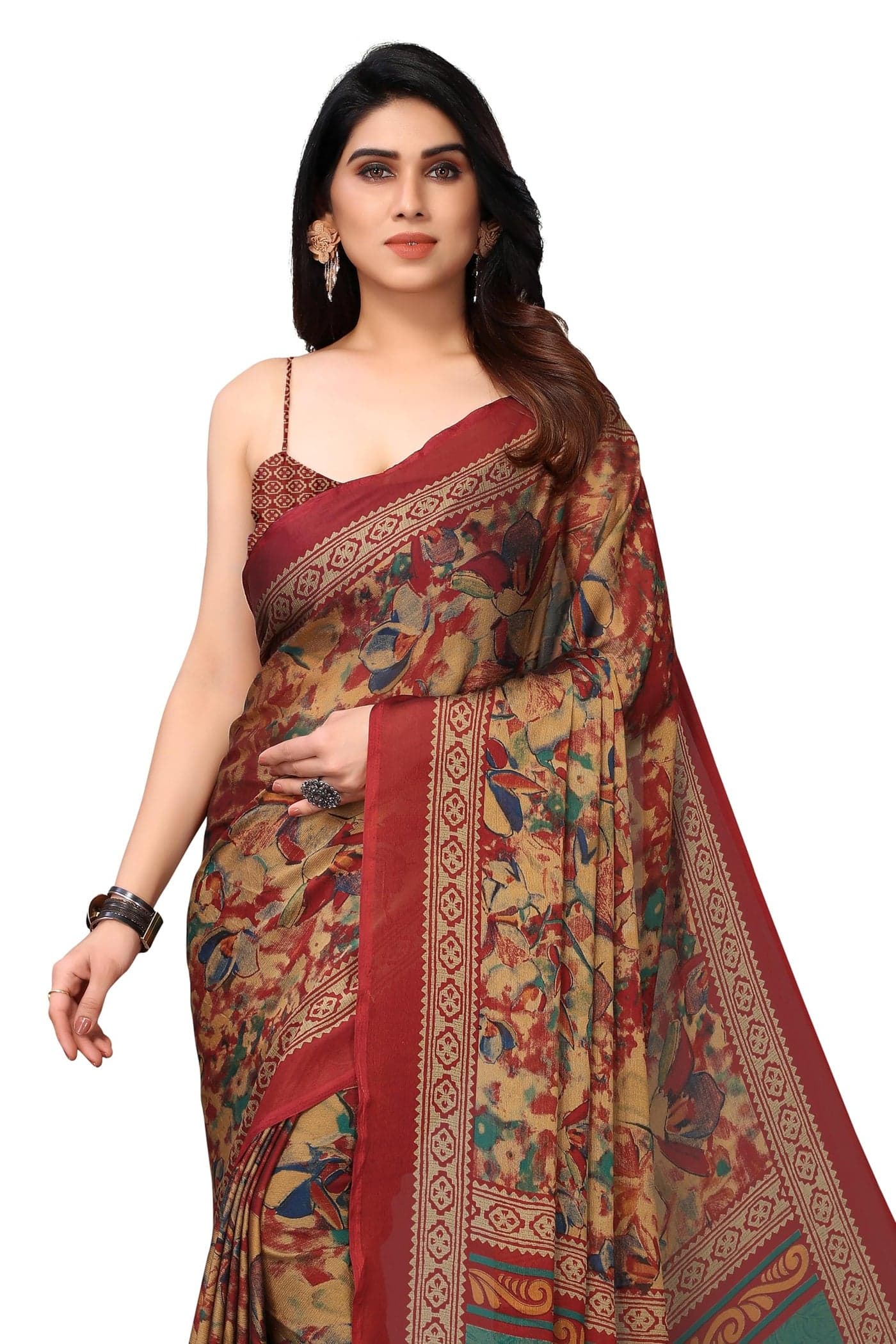 MIRCHI FASHION Chiffon Georgette Ethnic Motif Printed Sarees for Women with Blouse Piece (36162-Orange, Maroon)
