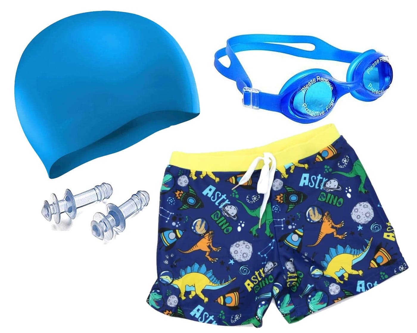 Drauss® Boys Swimming Kit with 1 Swimming Shorts, 1 Anti Fog Swimming Goggles, 1 Silicone Swimming Cap, p 2 Ear Plugs (8-10 Years, Blue)