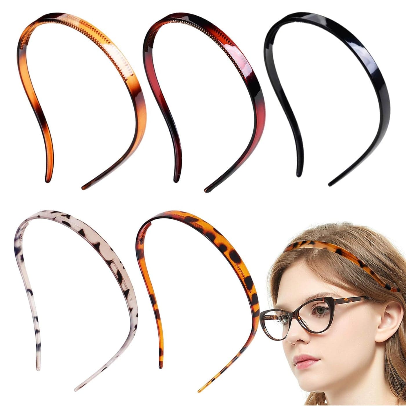 5 Pcs Flex No Headache Plastic Headbands for Glasses Wearers No Pressure Sunglasses Hair Bands No Slip Teeth Comb Skinny Hair Loop for Women GirlsBlack Light Brown Dark Brown Amber Tortoiseshell