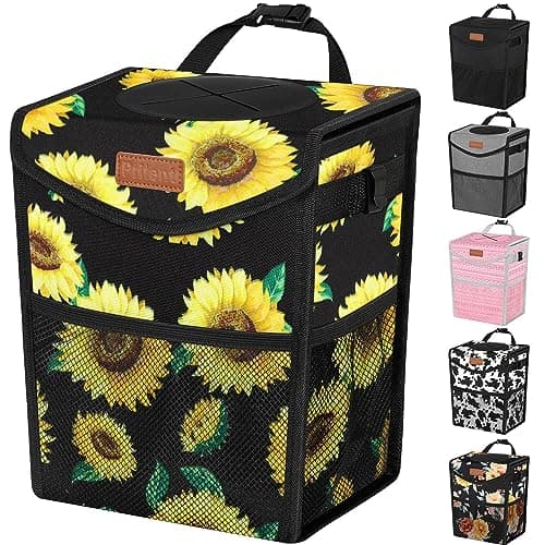 Pritent Car Trash Can with Lid Cute Leakproof Car Trash Garbage Bag Hanging Vehicle Trash Bin Small Portable Automotive Garbage Cans Organizer for BackFront SeatConsoleTrapezoidSunflower