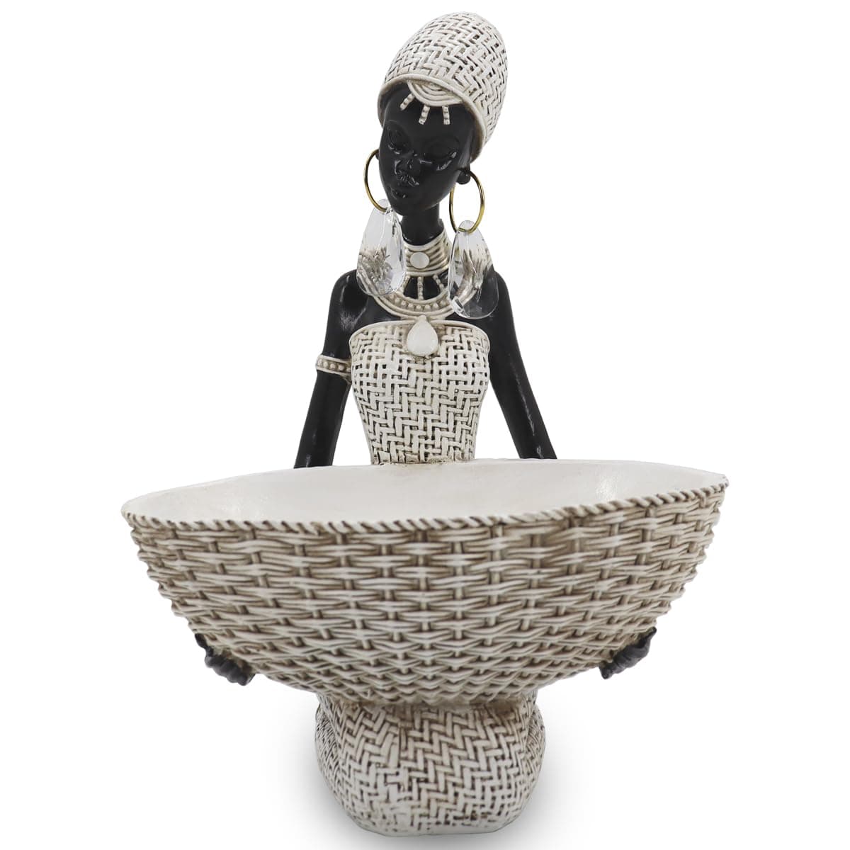 Lescafita Ivory White African Seated Woman Statue Serene Tribal Figure with Crystal Earrings Minimalist Resin Home Decor for ShelvesDesks 9 H