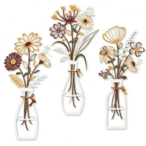 Zcblcyj 3 Pieces Metal Flowers Wall Art Set Handcrafted Floral Metal Wall Decor with Textured Finish Elegant Iron Flower Wall Art for Living Room Bedroom Bathroom Decoration YellowBrownWhite