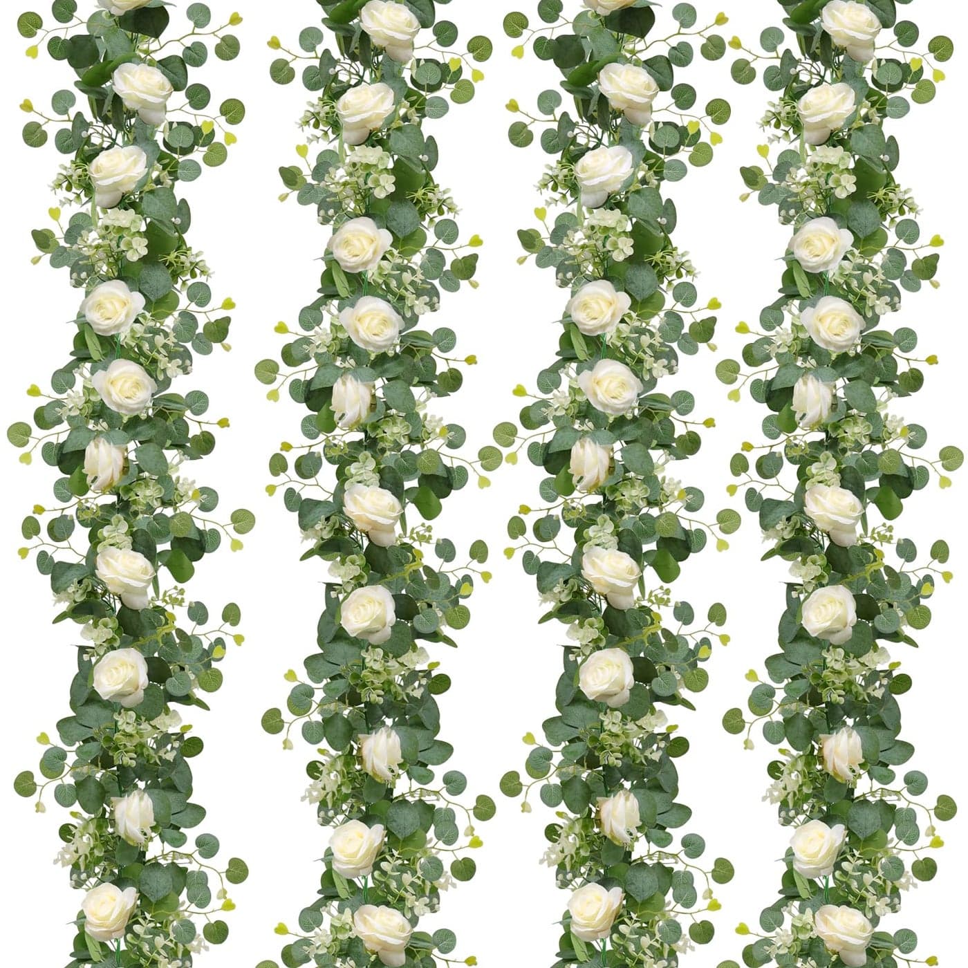 TOCHGREEN 4Pcs26 Ft Artificial Eucalyptus White Rose Flower Garland Faux Rose Vine Gypsophila Greenery for Party Wedding Decor White 4PCS