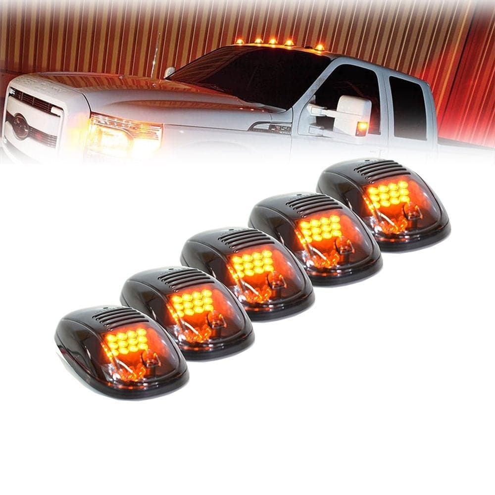 Xprite Black Smoked Lens 12 LEDs Cab Clearance Light 5 Pcs Roof Top Marker Running Lights Kit for Ford Dodge Ram Trucks SUV POV Pickup Amber Yellow