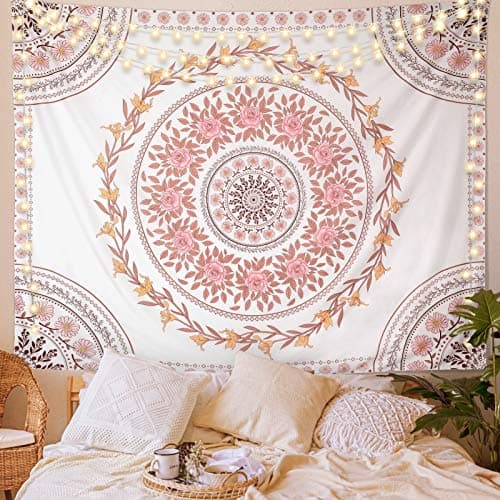 Wall Tapestry for Bedroom Aesthetic Pink Mandala Wall Hanging Large Boho Trippy Tapestries Bohemian Art Tapistry Hippie Floral Tapastry Decor For Bedroom Ceiling Living Room Dorm (60ʺ × 80ʺ)