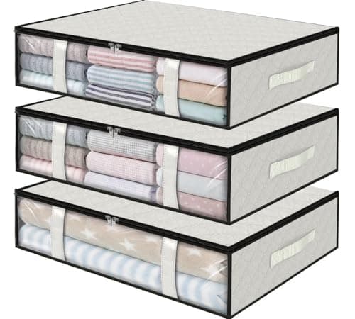 StorageRight Under Bed Storage Bags 3 Pack 40L Large Clothes Comforter Storage Containers with Clear Window Breathable Fabric Organizer for Blankets Bedding Seasonal Clothing White