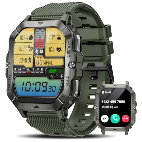 Military Smart Watches for Men AnswerMake Calls Waterproof Rugged Fitness Tracker with Blood PressureHeart RateSpO2Sleep Bluetooth Tactical Smart Watch for Android and iPhone Military Green