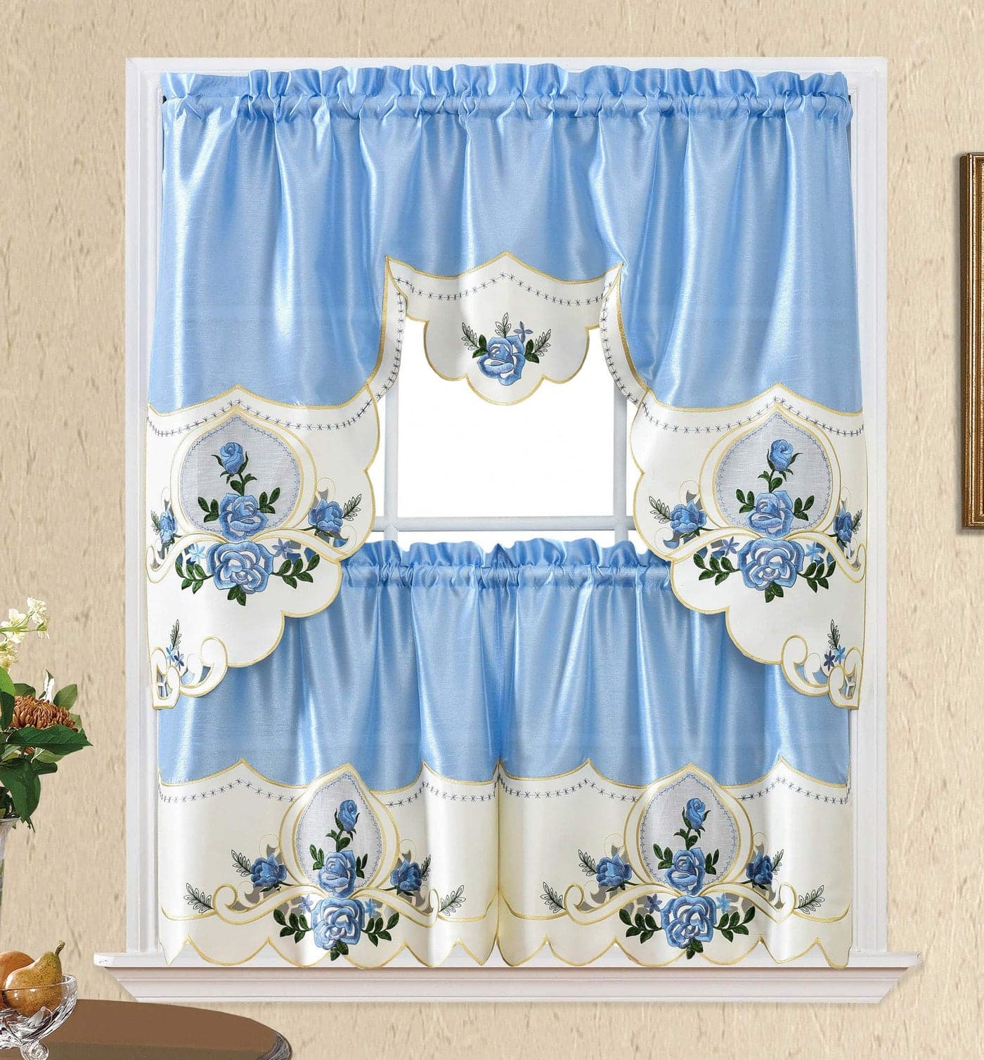 GOHD Rose Melody 3pcs Kitchen Cafe Curtain Set Swag and 24 inches Tiers Set for Small Windows Nice Matching Color Rose Embroidery on Border and Inserted Organza Light Blue