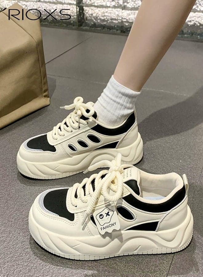 Women's Comfort Shoes, Platform Sneakers for Women, 4cm Chunky Platform Low Top Sneakers for Ladies, Comfy Brethable Classic Lace-up Trainers, Ladys Casual Athlesiure Shoes, Non-slip Walking Shoes, Lightweight Jogging Shoes, Fashion Thick-Soled Shoes for Dating/ Work/ Shopping/ Street Wear/ Daily We