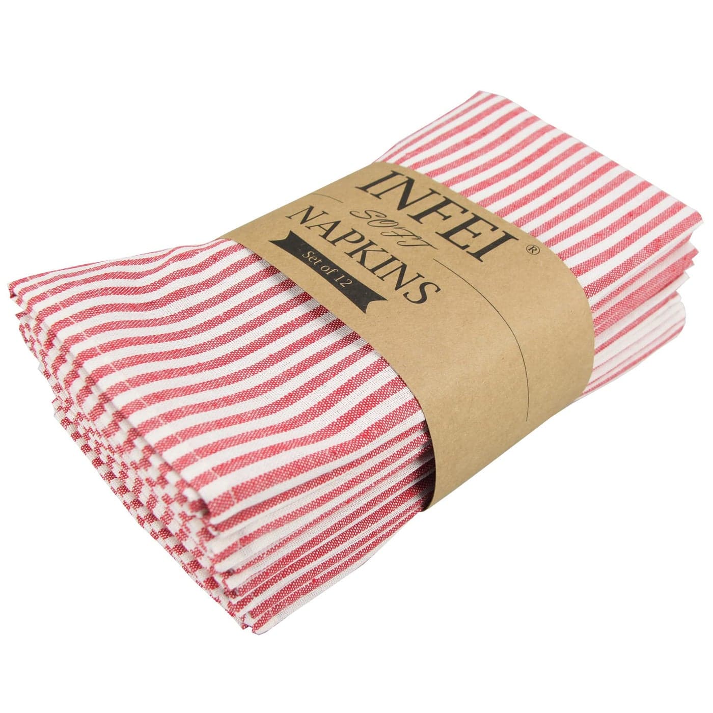 INFEI Plain Striped Cotton Linen Blended Dinner Cloth Napkins Set of 12 40 x 30 cm for Events Home Use Red