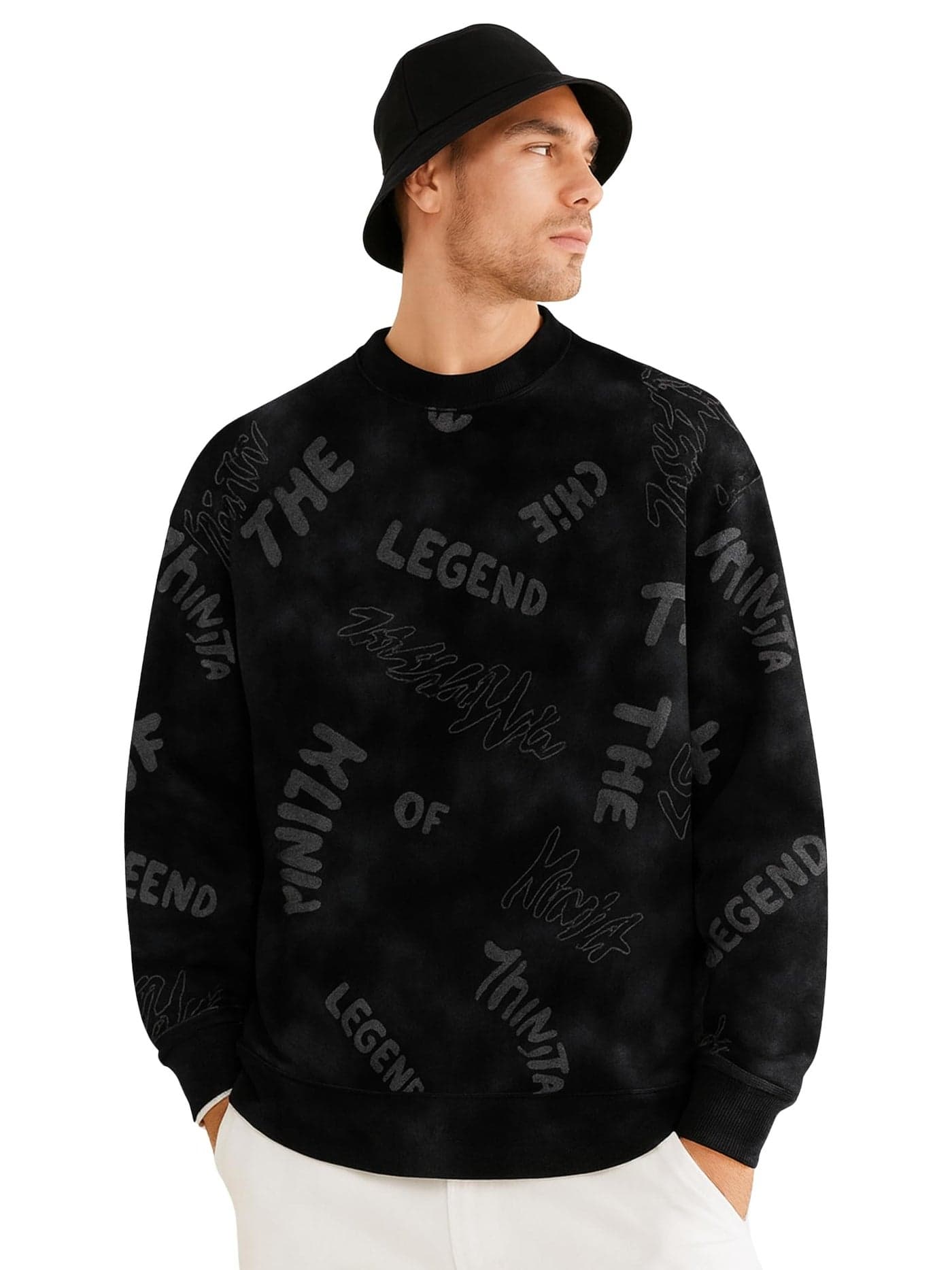 Jump Cuts Mens AOP Printed Round Neck Full Sleeve Black Cotton Fleece Jacket