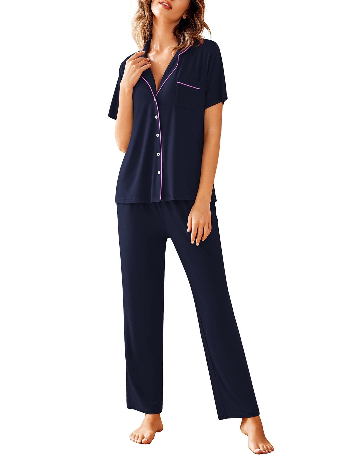 Avidlove Women Pajamas Set Notch Collar Soft Sleepwear Pjs Short Sleeve Button Down Nightwear with Long Pants Navy Blue