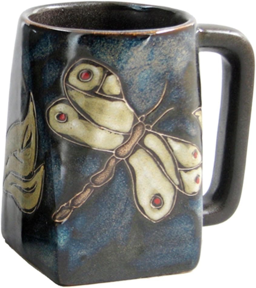 One 1 MARA STONEWARE COLLECTION 12 Ounce Coffee or Tea Cup Collectible Square Bottom Mug DragonflyInsects Design