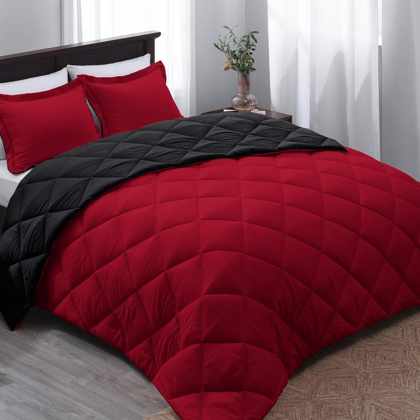 Basic Beyond King Size Comforter Set Red and Black Reversible for All Seasons 1 Comforter 104x92 and 2 Pillow Shams 20x362