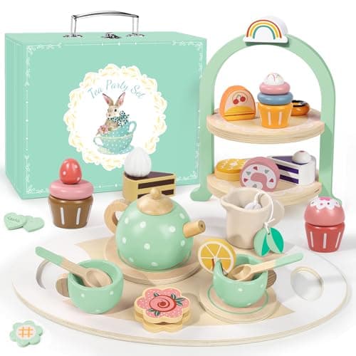 Wooden Tea Party Set for Little Girls Toddler Pretend Play Food Kitchen Toys Wooden Tea Set Tray Cake Dessert Toddler Birthday for Girls Age 25 Years Old