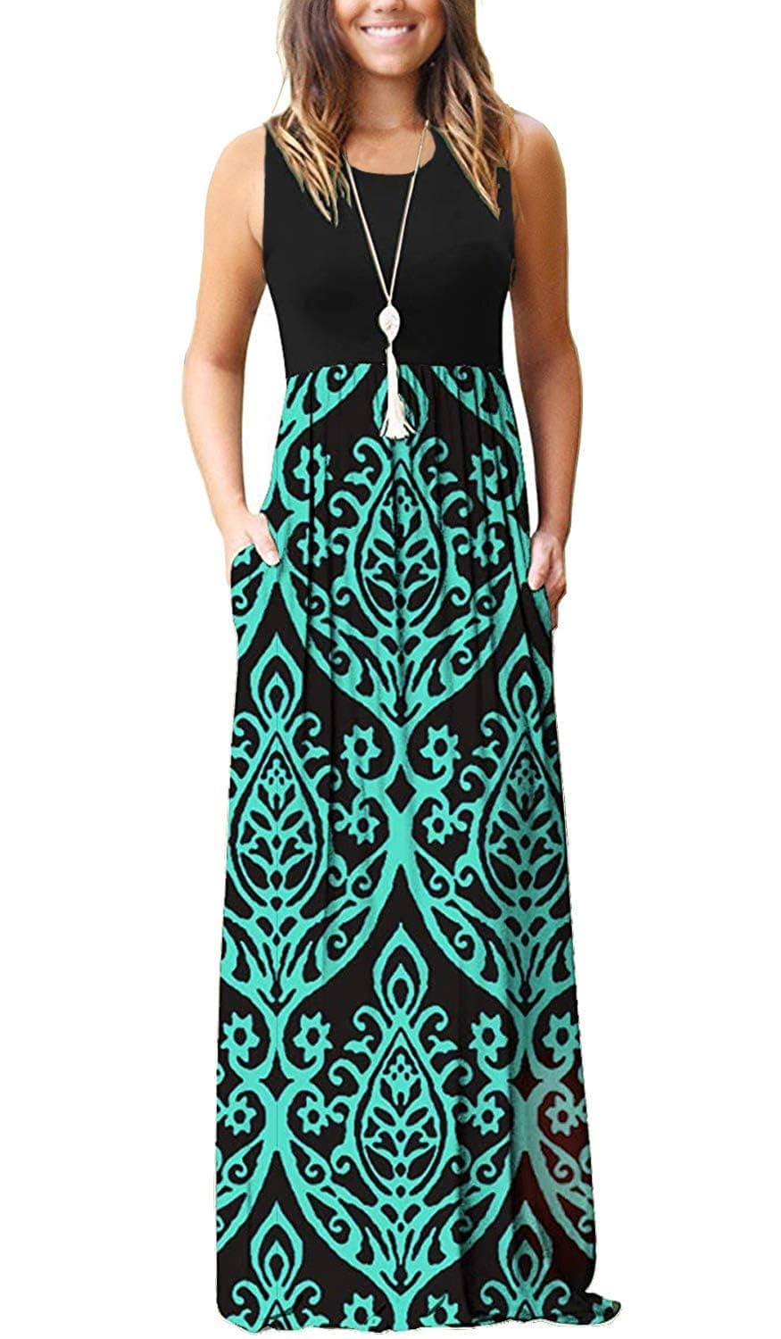 AUSELILY Women's Summer Sleeveless Loose Maxi Dress Casual Long Dresses with Pockets 2025 New (L, Black Green)