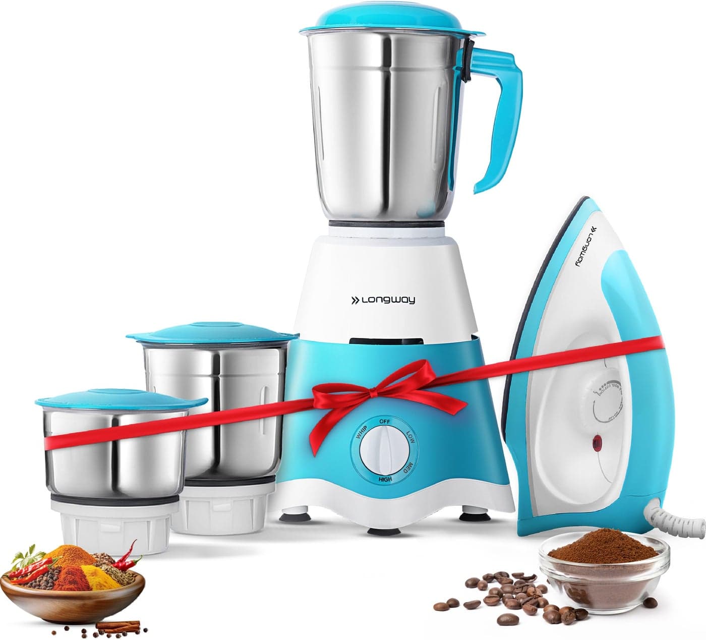Longway Super Dlx Mixer Grinder with Kwid 1100W Dry Iron | Up to 700 Watt Powerful Motor | 3 Jars for Grinding, Mixing, Juicing | 2 Year Warranty (Blue & White, Combo Offer)
