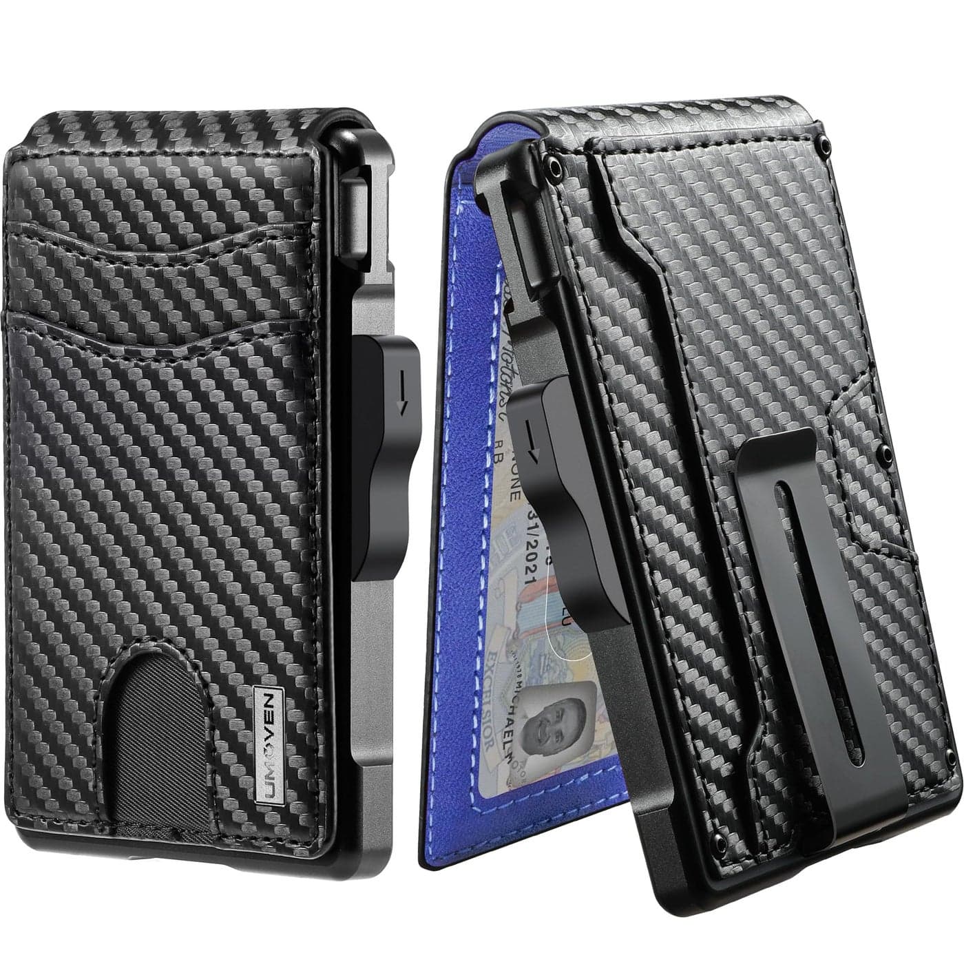 umoven Wallet for Men - with Money Clip Slim Leather Slots Credit Card Holder RFID Blocking Bifold Minimalist Wallet (Carbon Black and Blue)