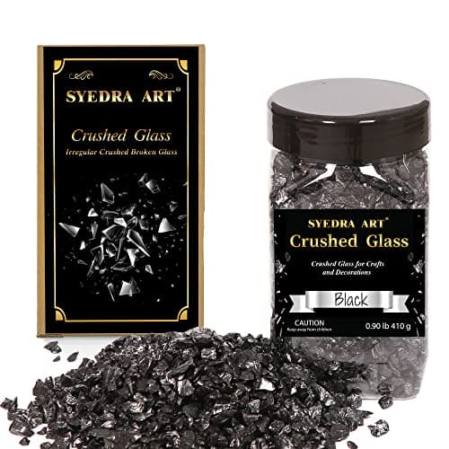 Syedra Crushed Glass for Crafts,Glitter Crushed High Luster Chips, Broken Glass Pieces, 3-6mm, 410G (Black)