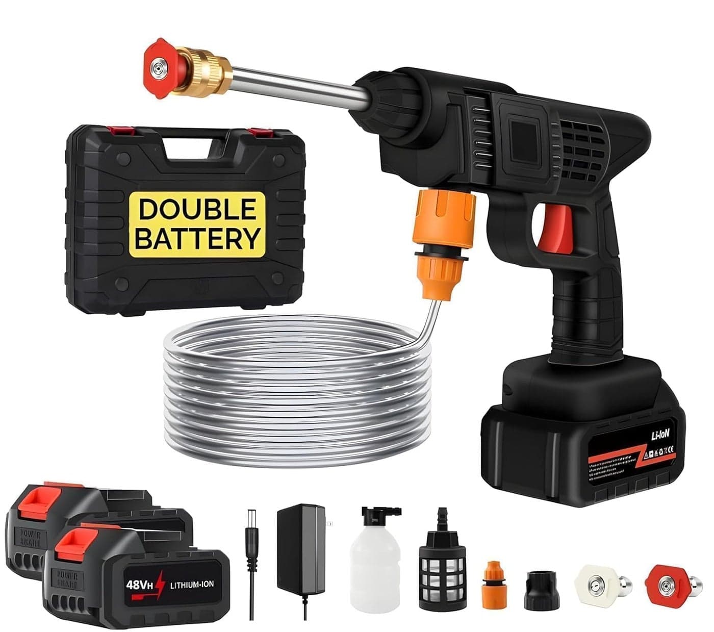 Double Battery Cordless Car Washer High Pressure Gun Car Washing 48V Rechargeable Electric Pressure Washer Gun Bike, Car Washing Pump, Portable Car Washer with Adjustable 3 in 1 Nozzle and 5M Pipe