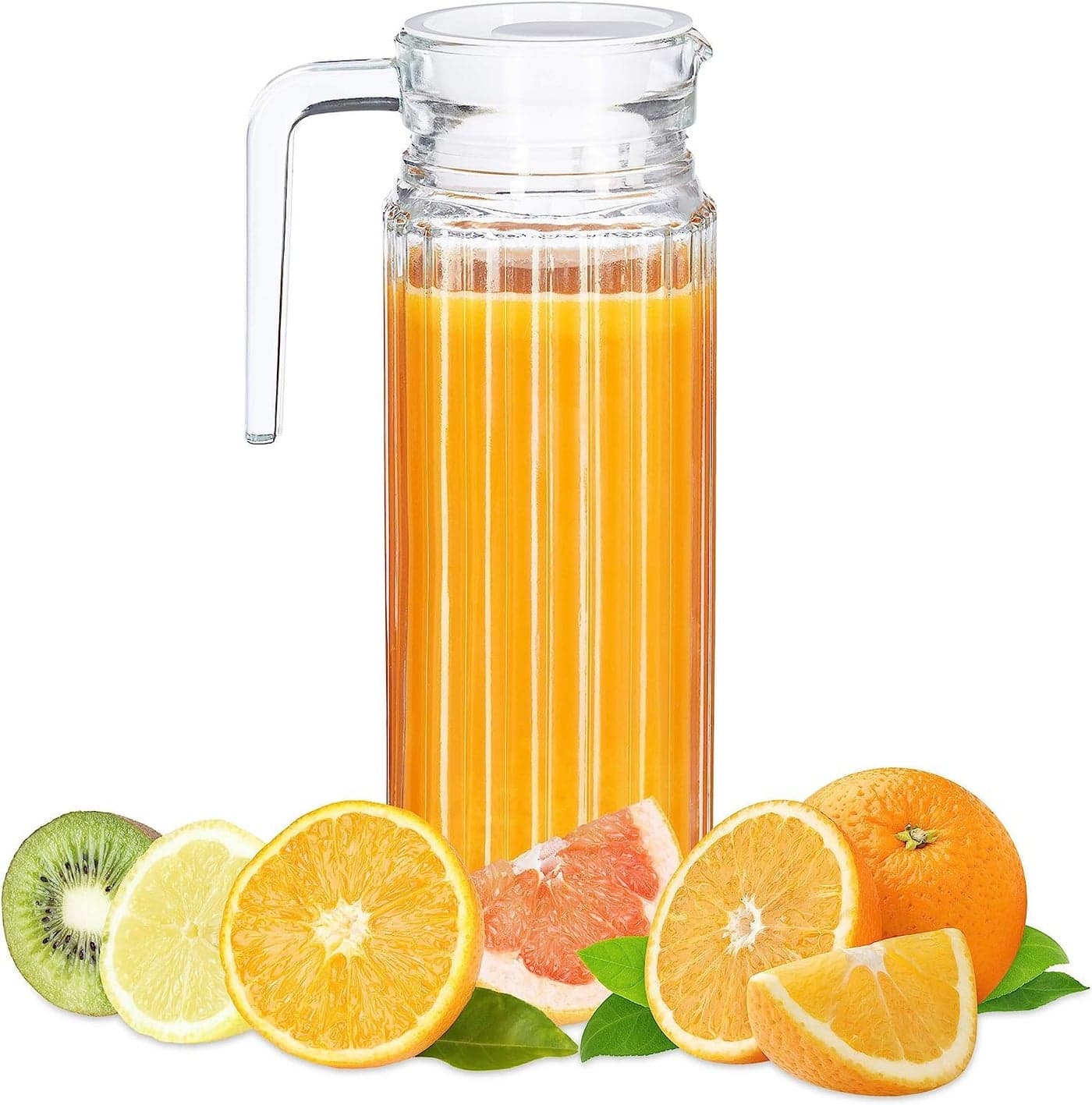 WRINGO Glass Water Pitcher- 1 LTR, Transparent, Hot Cold Water Glass Pitcher with Lid Water Jug, Iced Tea, Milk and Juice Beverage Carafe, Lemon Jug 1000ML (WP-06)