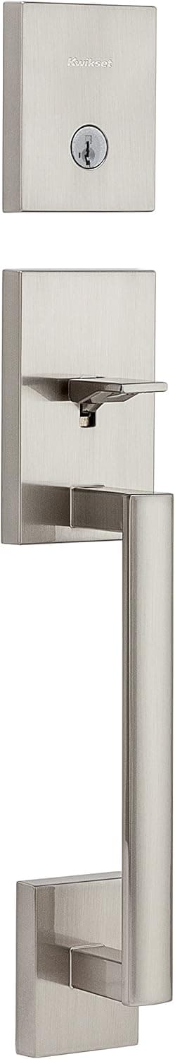 Kwikset San Clemente Front Door Lock Handle and Deadbolt Set Entry Handleset Exterior Only Satin Nickel Pick Resistant SmartKey Rekey Deadbolt Security Interior Sold Separately