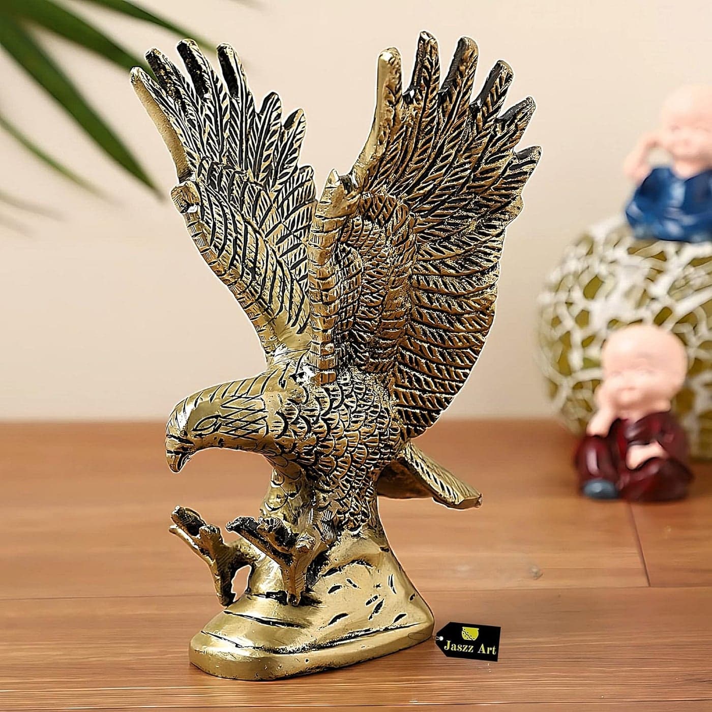 Jaszz Art Brass Flying Eagle 6 inches and 550g Statue Hawk Sculpture Decorative Handmade Garuda Statue for Home Decor Office Handcrafted Showpiece Vastu Gift Item Golden Bird