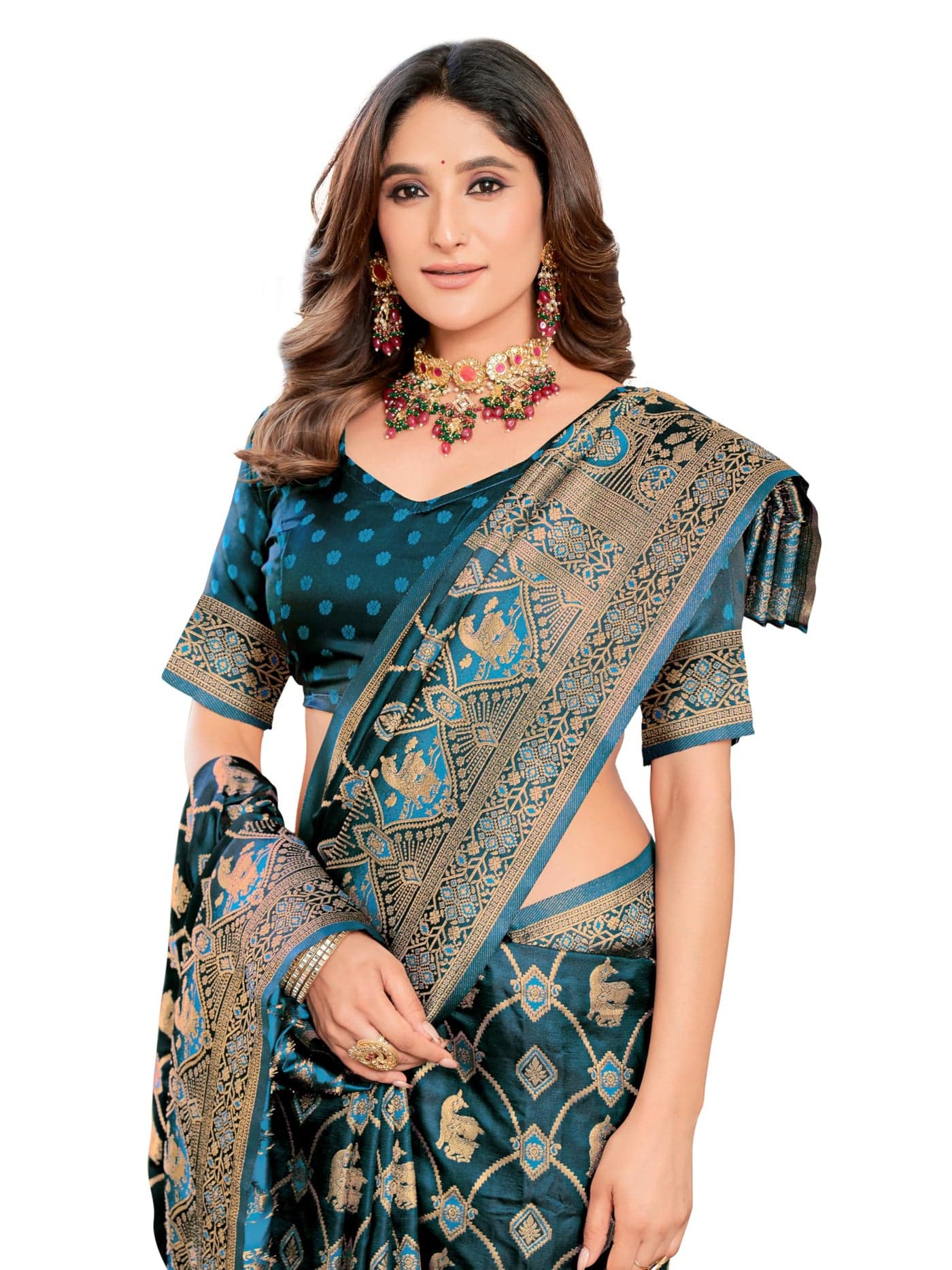 Glory Sarees Women's Pure Kanjivaram Soft Banarasi Original Satin Silk Saree Elegantly Crafted Graceful Wedding Design With Blouse Piece (Satin Silk102_Firozi)